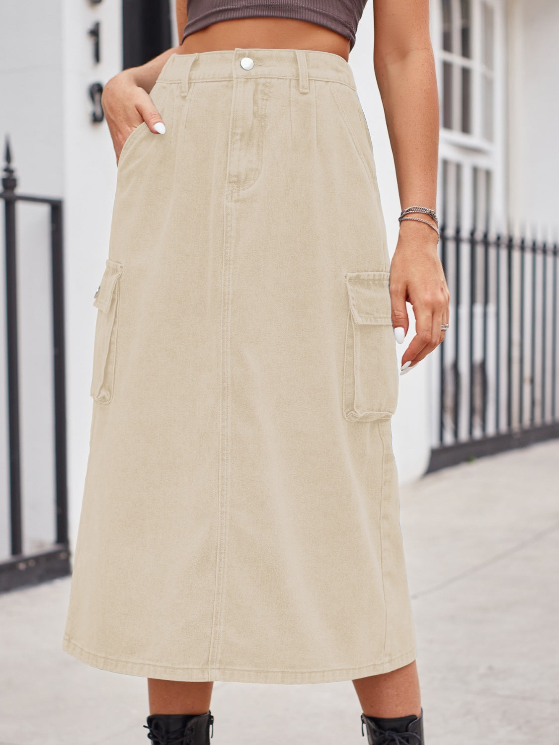 Slit Buttoned Denim Skirt with Pockets - NEWYORKLISTED