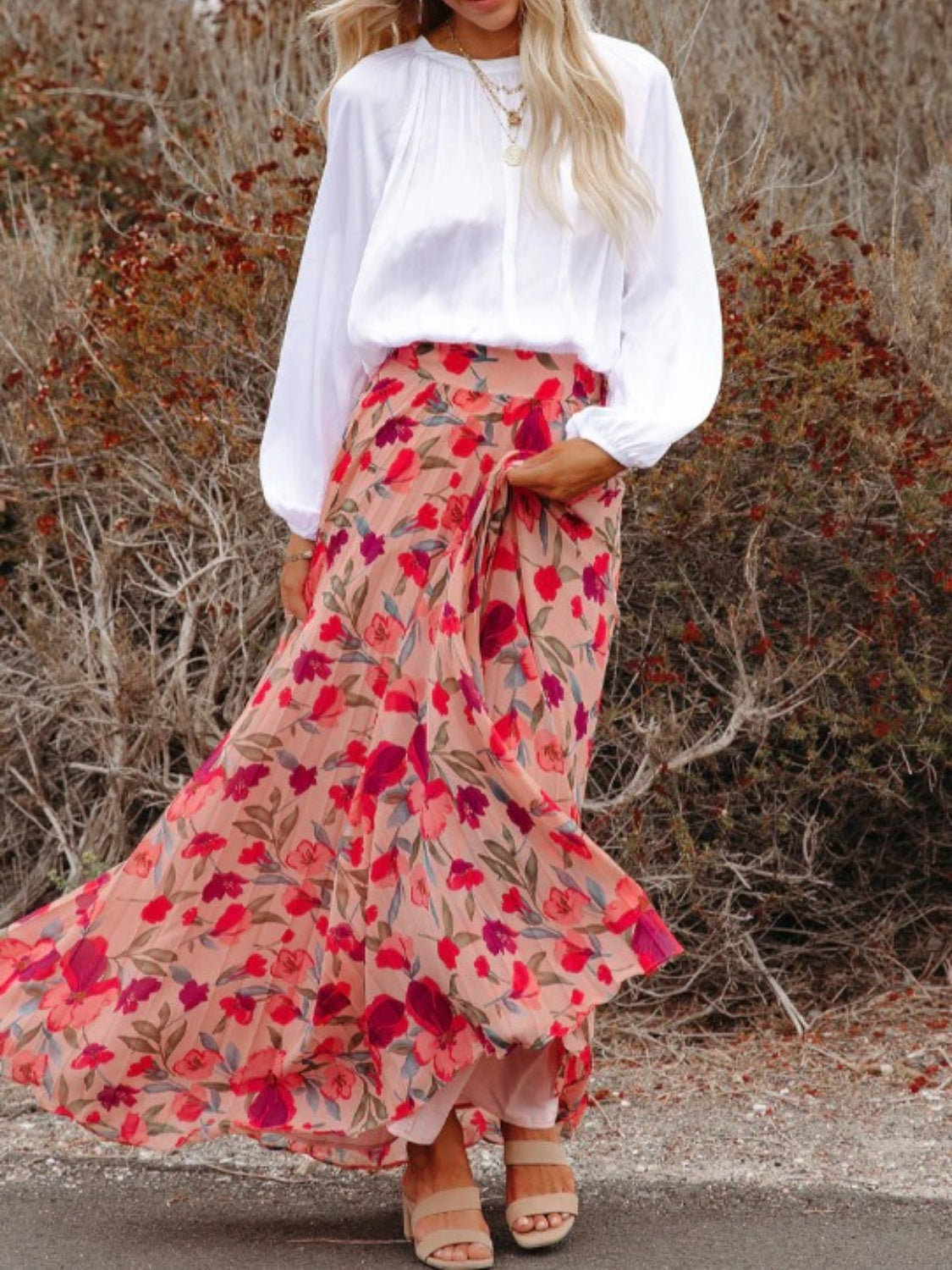 Printed Elastic Waist Pleated Maxi Skirt - NEWYORKLISTED