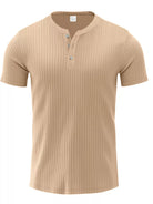NEWYORKLISTED ATLAS MEN'S COLLECTION: Beige ribbed henley shirt on a white background