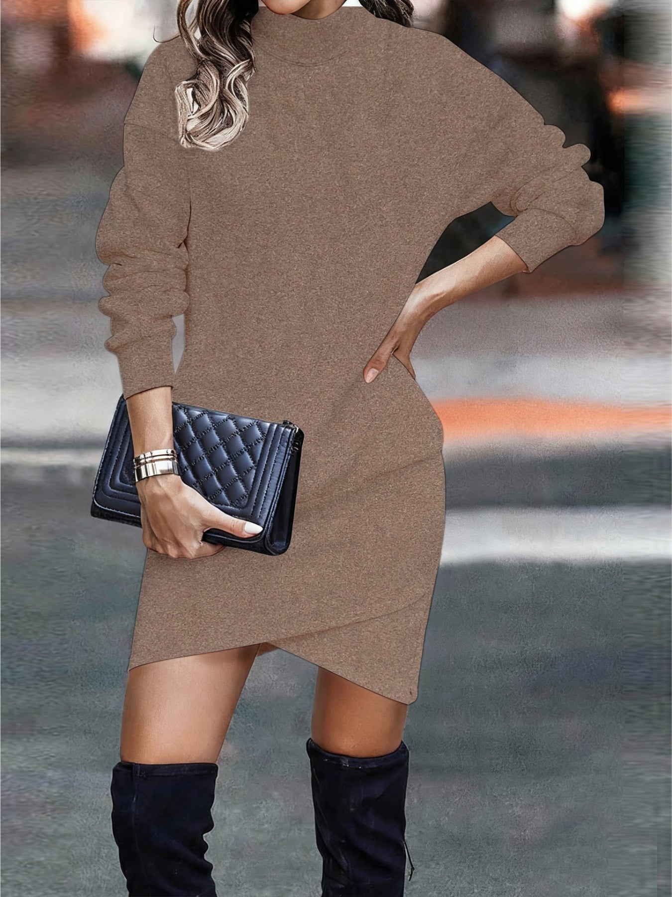 NEWYORKLISTED Style Collection: Woman wearing a brown sweater dress with black knee-high boots and a black clutch.