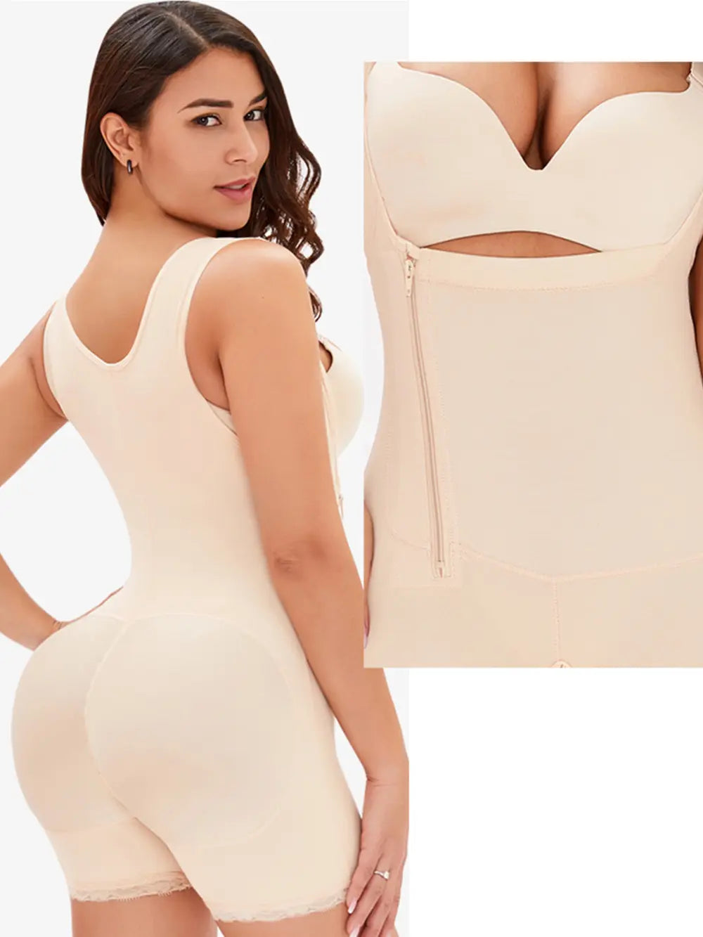 NEWYORKLISTED Intimate Apparel: Woman wearing a beige shapewear bodysuit with close-up of the design.