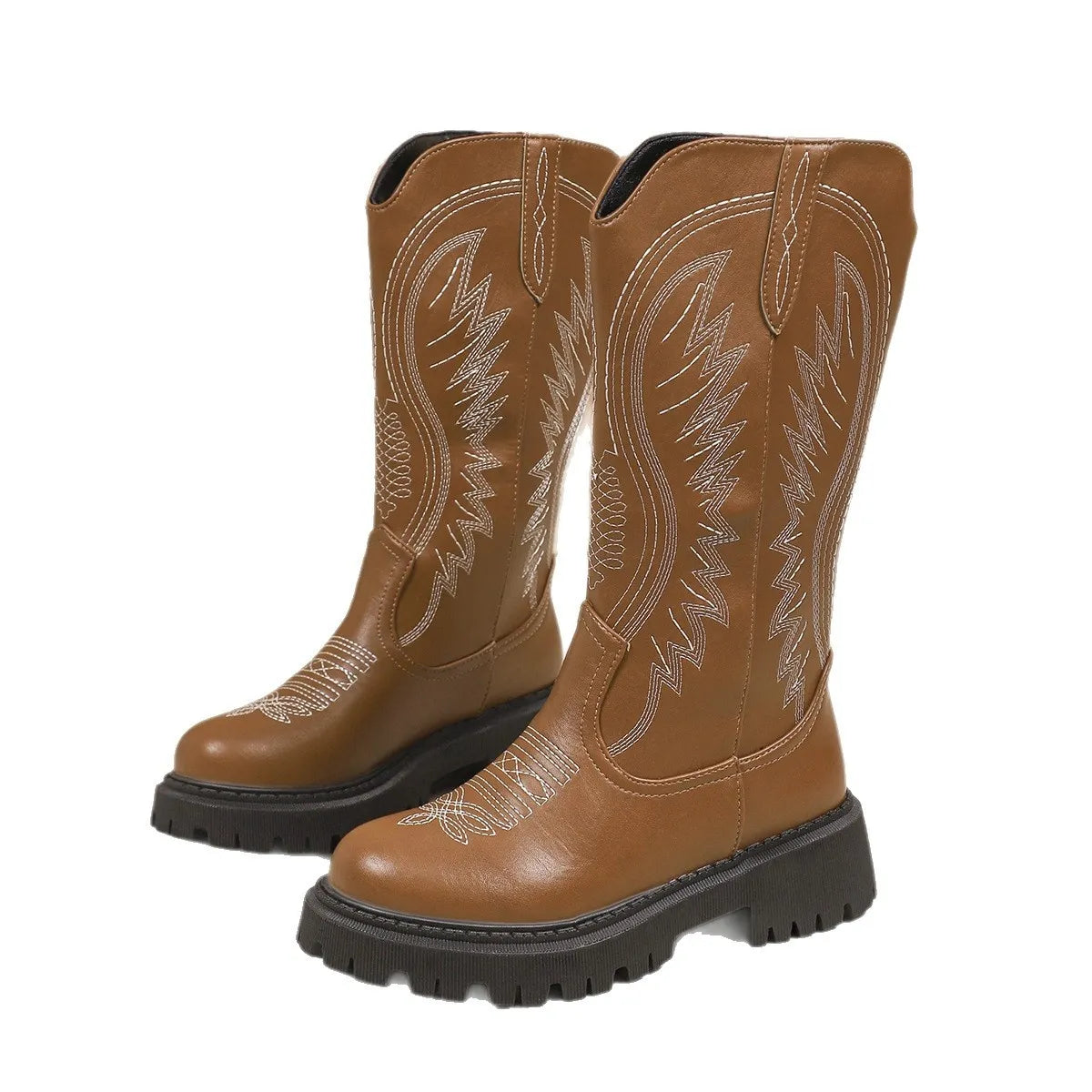 NEWYORKLISTED SHOE COLLECTION: Round Toe Block Heels Boots: Pair of brown cowboy boots with intricate white stitching on a white background