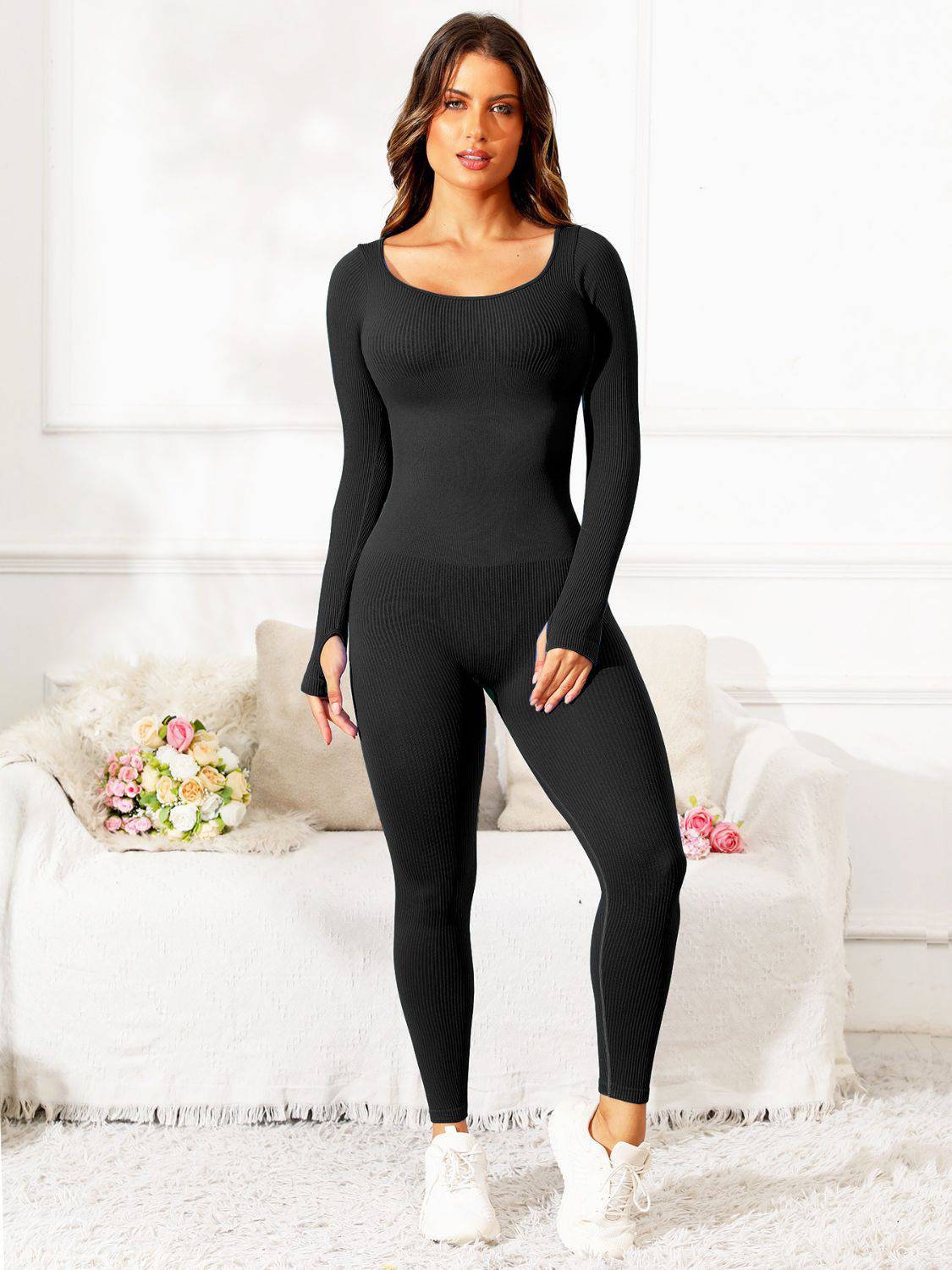 Scoop Neck Long Sleeve Active Jumpsuit - NEWYORKLISTED