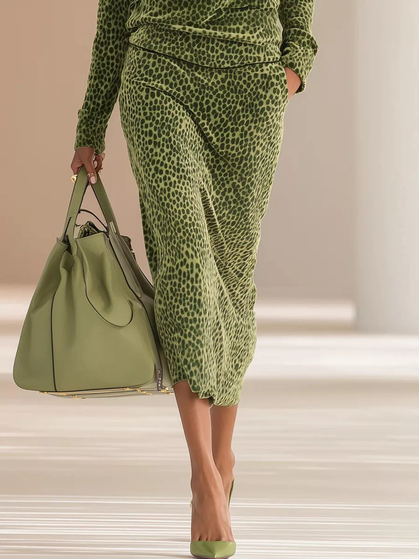 NEWYORKLISTED STYLE COLLECTION: Person wearing a green leopard print outfit holding a matching handbag.