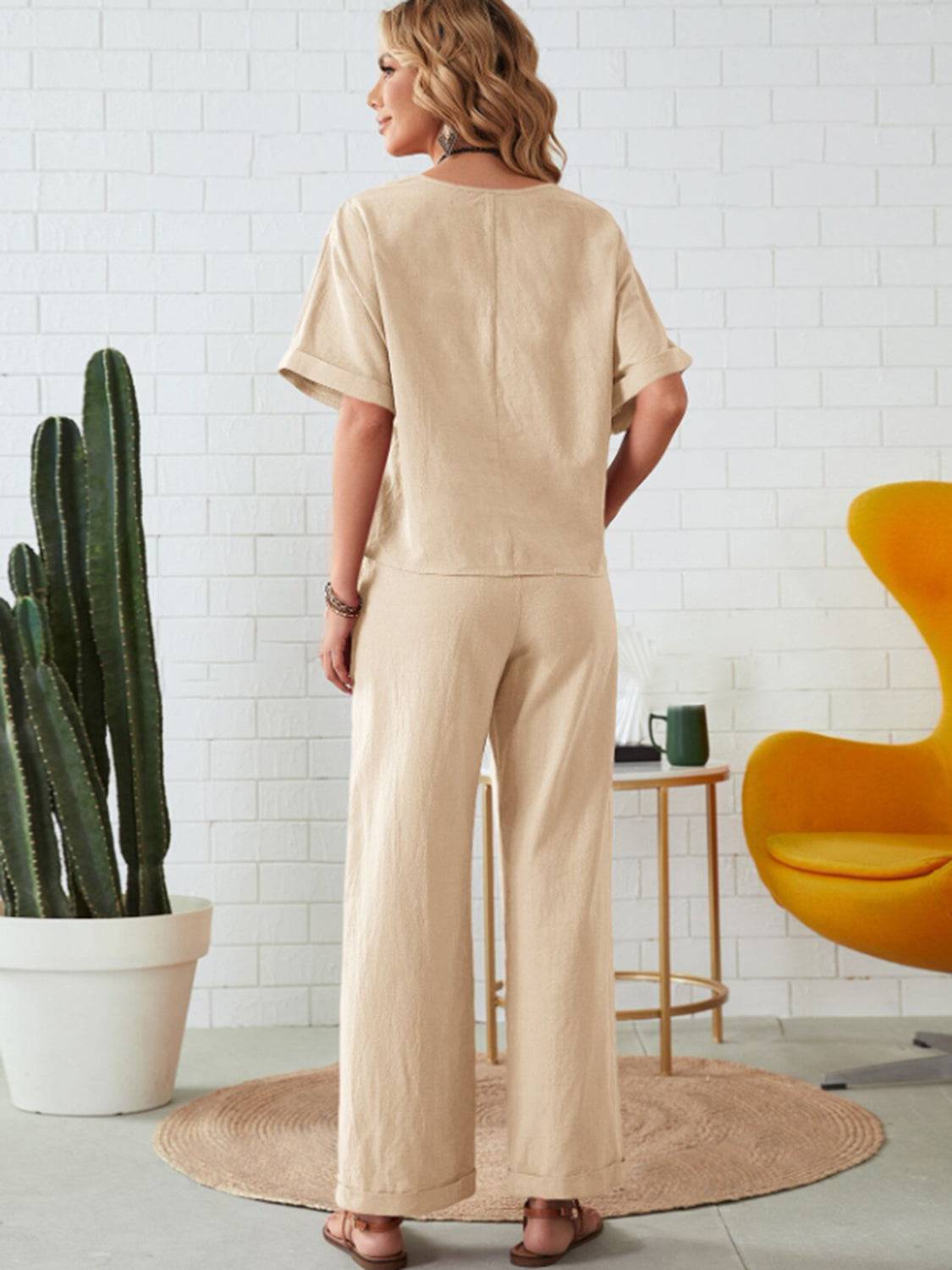 NYLD: Round Neck Half Sleeve Top and Pocketed Pants Set - NEWYORKLISTED