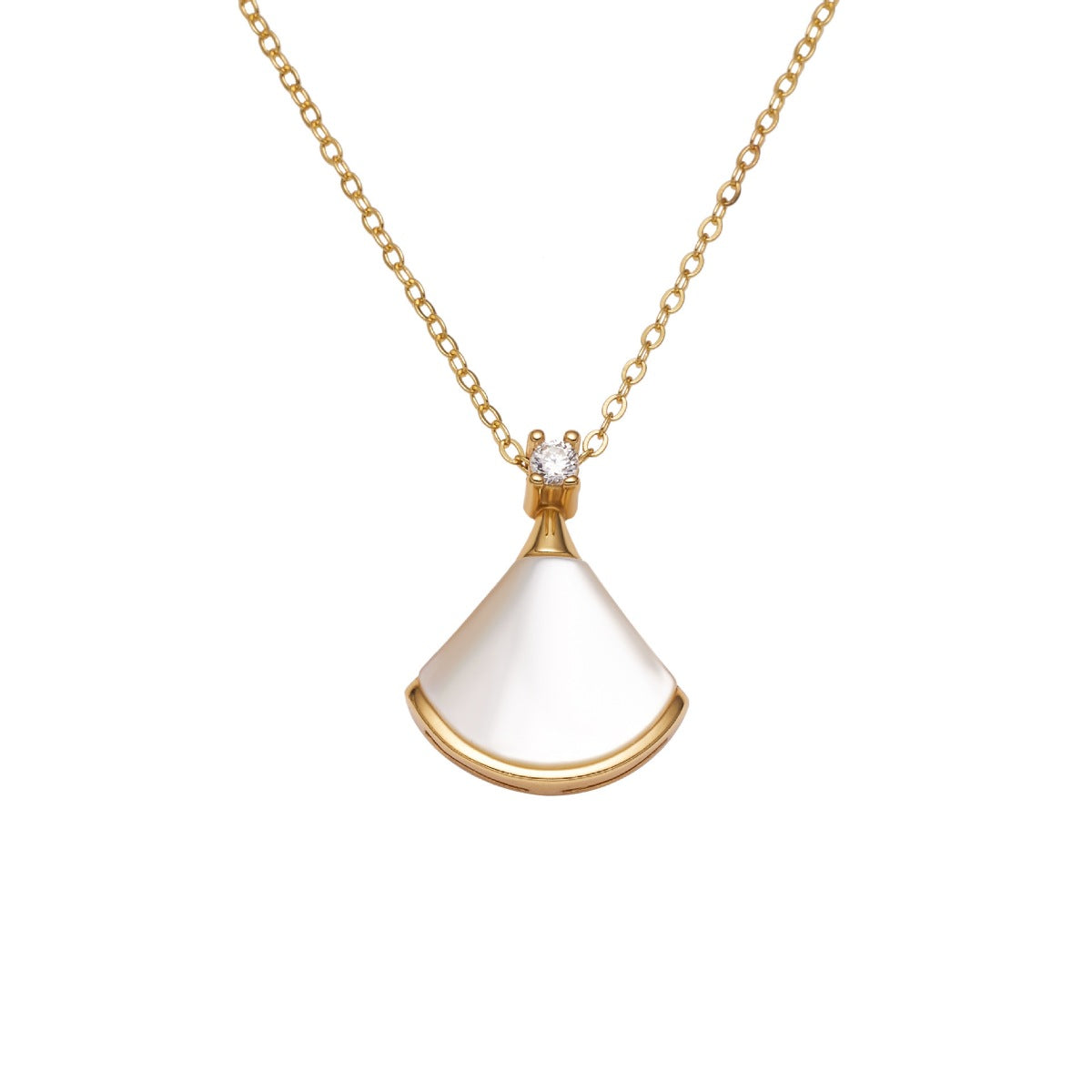 NYLD Glamour By NEWYORKLISTED: Gold necklace with a white pendant on a white background