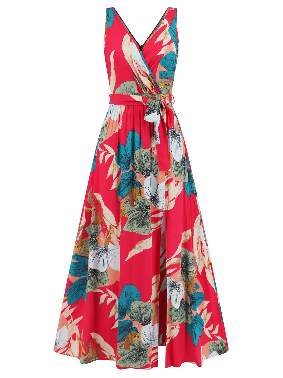 Slit Tied Printed Surplice Dress - NEWYORKLISTED