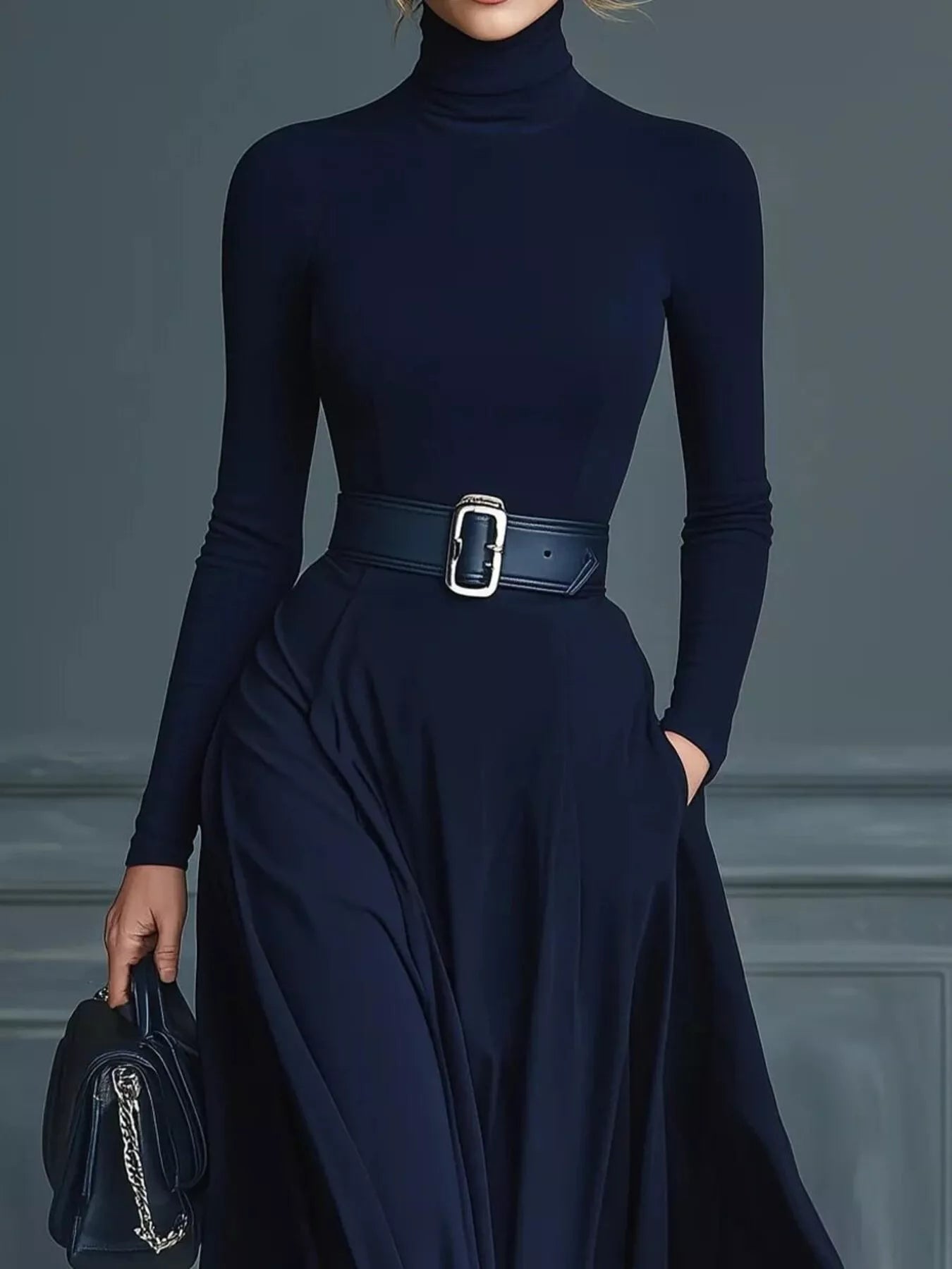 NEWYORKLISTED STYLE COLLECTION: Person wearing a navy blue turtleneck and skirt with a belt, holding a matching handbag against a gray background.
