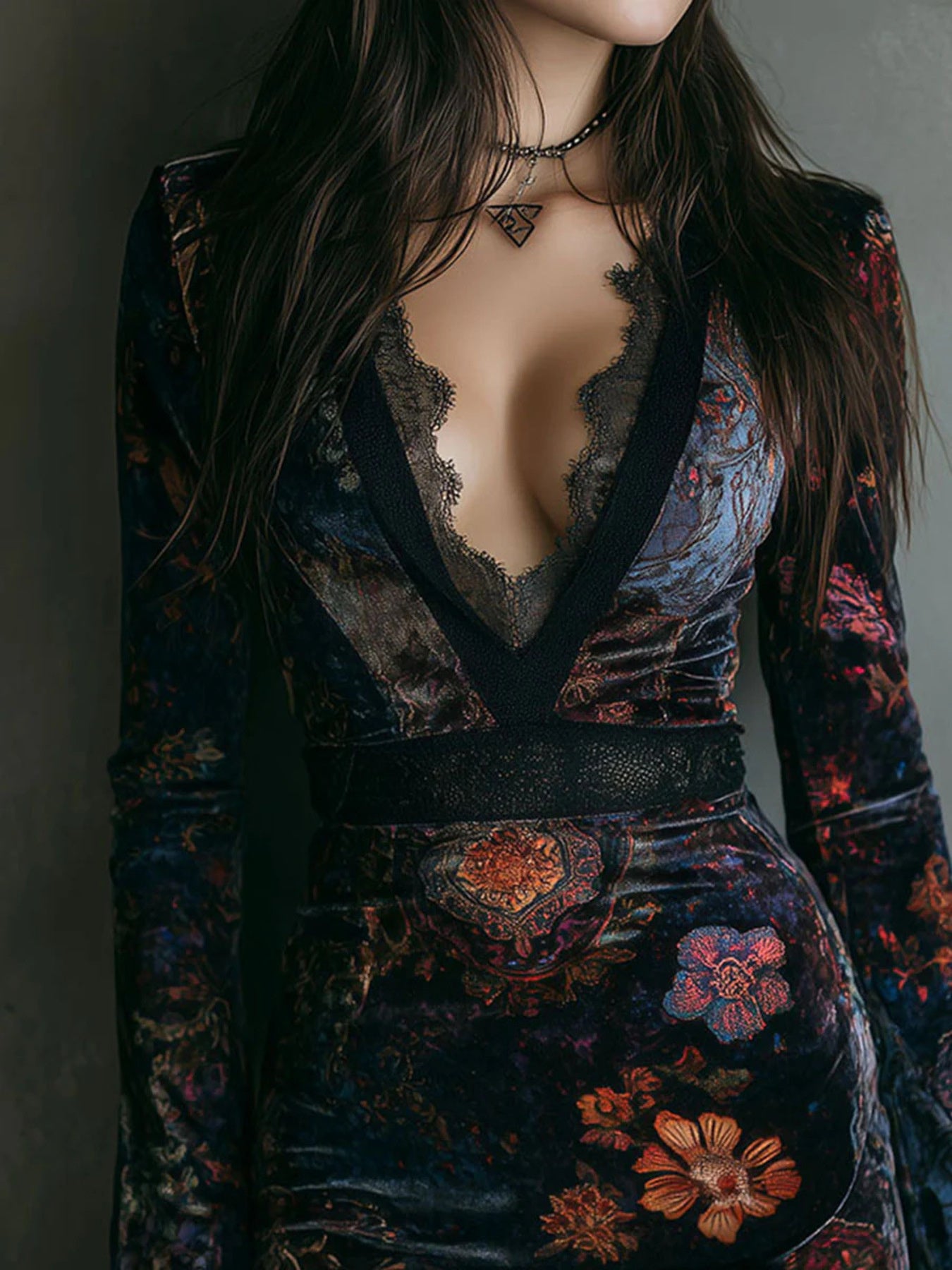 NEWYORKLISTED STYLE COLLECTION: Woman wearing a dark floral embroidered dress with a deep neckline against a gray background