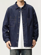 NEWYORKLISTED ATLAS MEN'S COLLECTION – Men's dark blue denim button-down shirt with chest pockets, front view