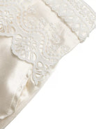 NEWYORKLISTED STYLE COLLECTION: Close-up of a white satin pillow with lace trim on a white background