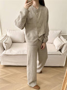 NEWYORKLISTED STYLE COLLECTION: Pocketed Round Neck Button Up Cardigan and Pants Sweater Set - NEWYORKLISTED