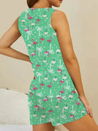 NEWYORKLISTED Intimate Apparel: Green dress with flamingo pattern worn by a person on a beige background