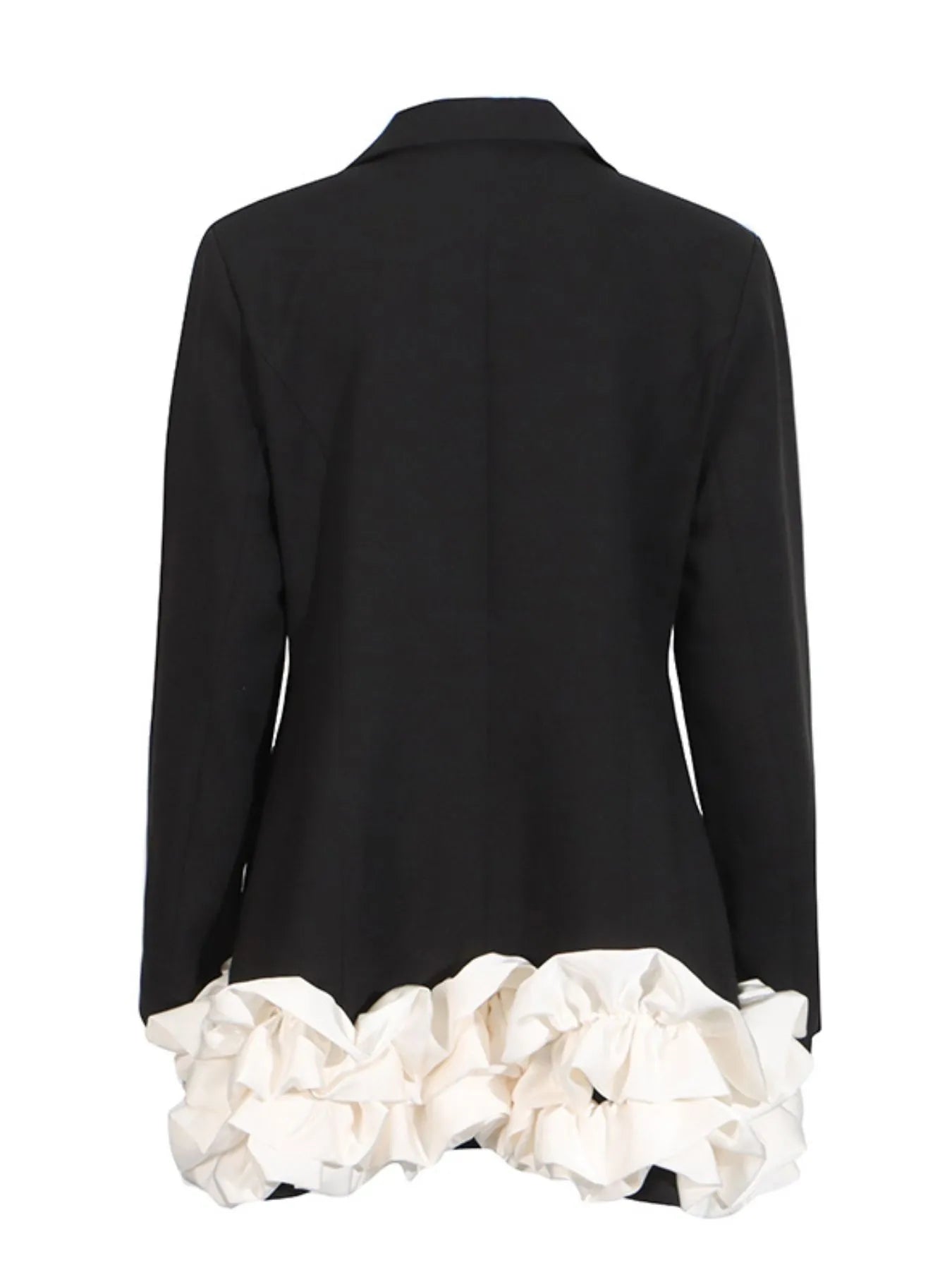 NEWYORKLISTED Runway Style: Black blazer with white ruffled hem on a white background