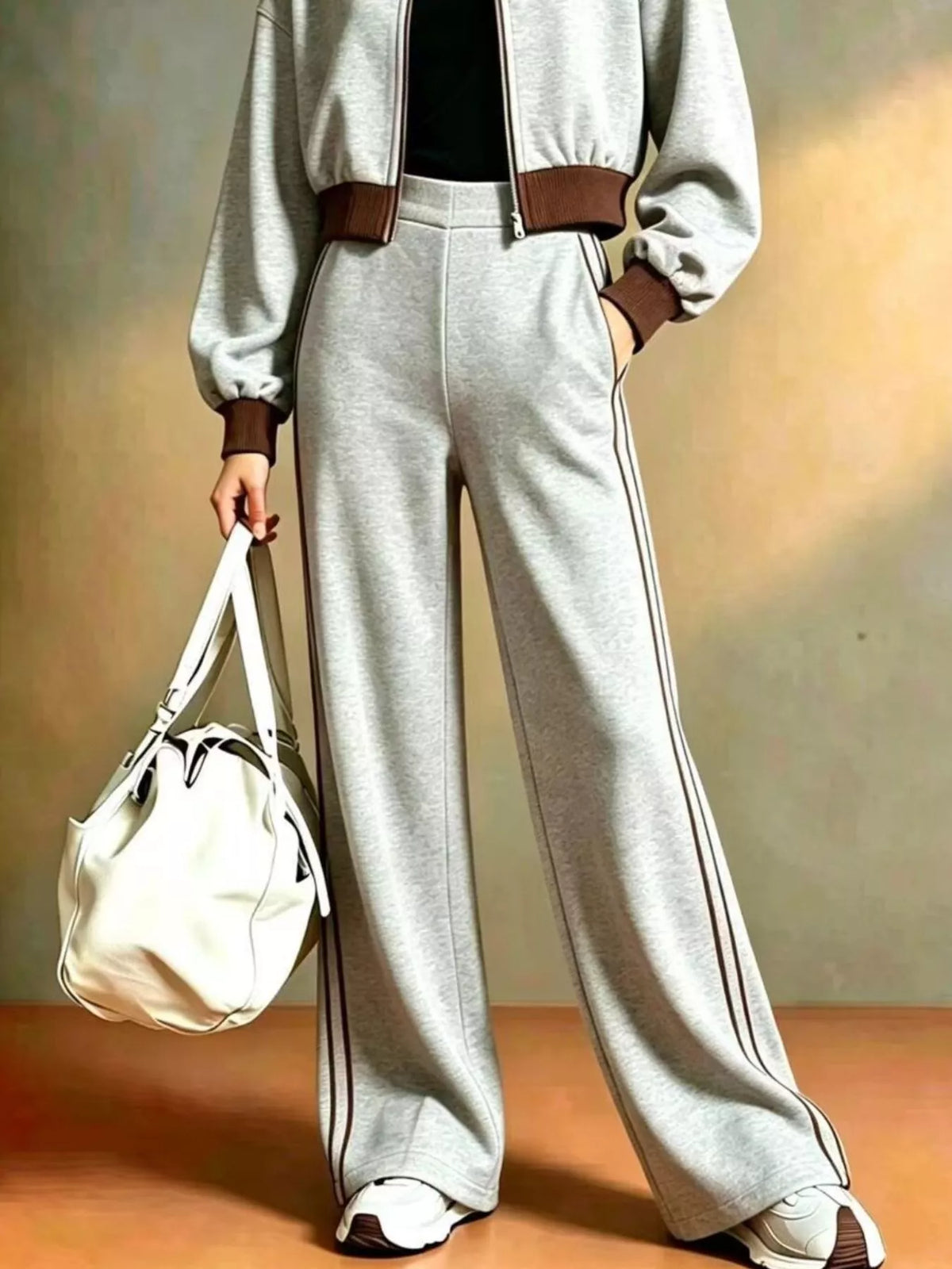 NEWYORKLISTED STYLE COLLECTION: A person wearing a light gray athletic tracksuit with brown trim, including a cropped zip-up jacket and wide-leg pants, holding a white shoulder bag against a warm beige studio background.