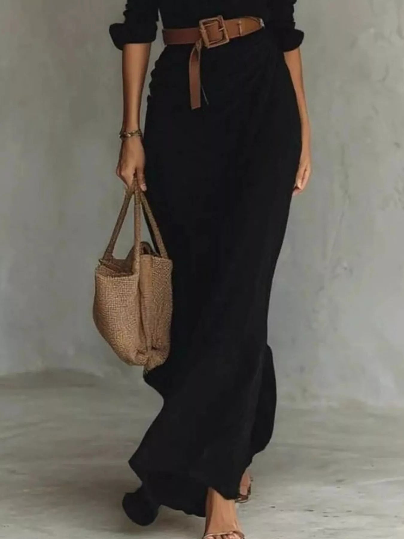 Gathered Long Sleeve Maxi Dress Black / S