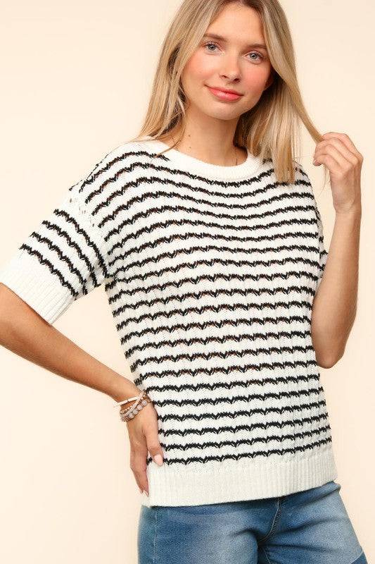 NEWYORKLISTED STYLE COLLECTION:  Striped Round Neck Half Sleeve Knit Top - NEWYORKLISTED