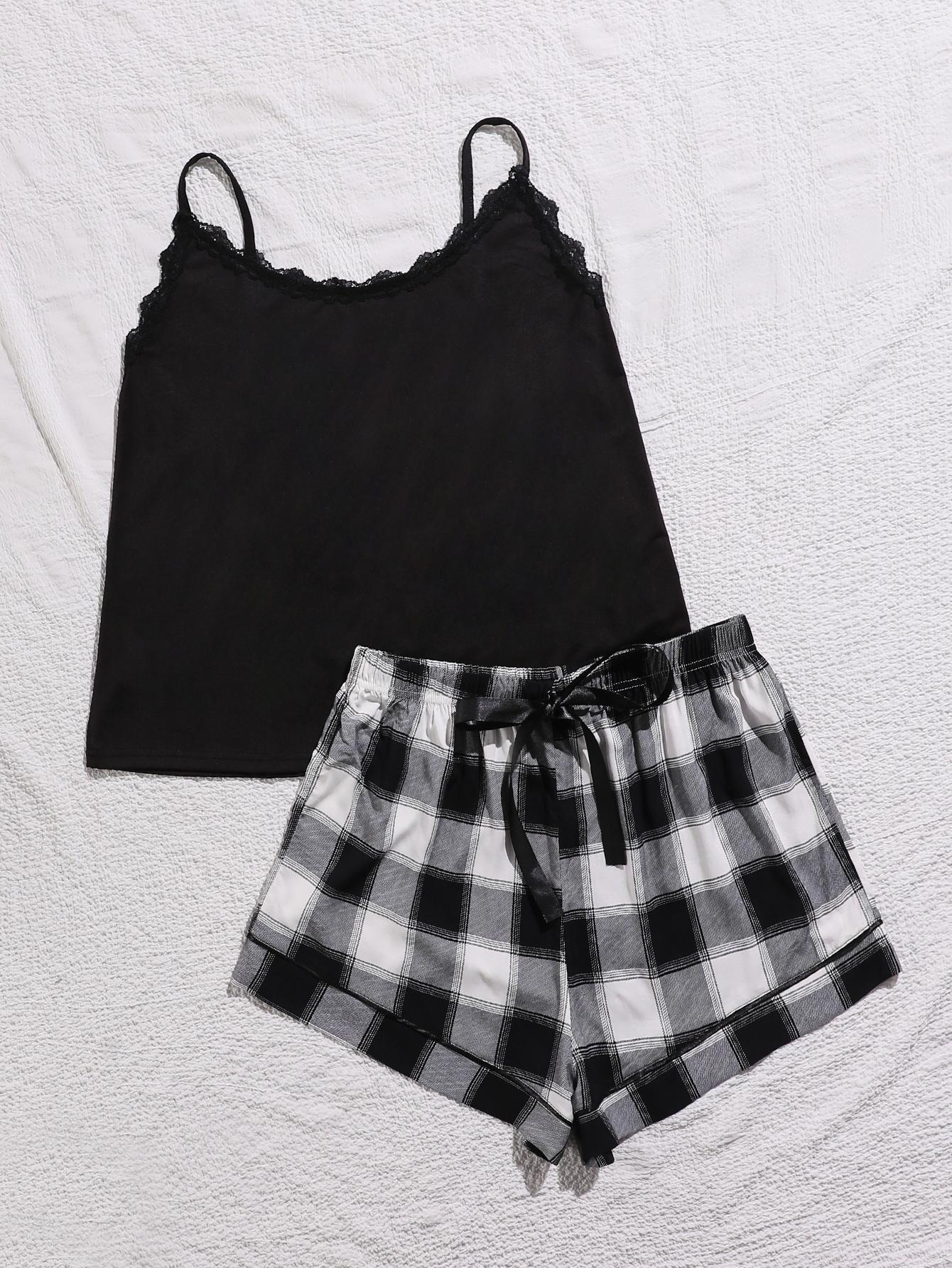 NEWYORKLISTED Intimate Apparel: Black camisole and plaid shorts set on a textured white background