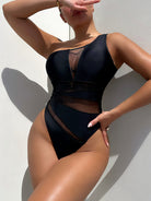 NEWYORKLISTED Eden Collection: One-Shoulder Sleeveless One-Piece Swimsuit Person wearing a black swimsuit against a white background