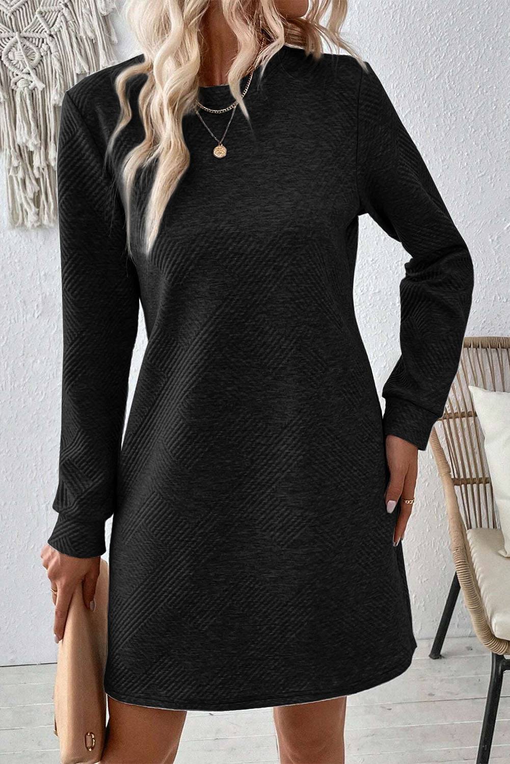 Textured Round Neck Long Sleeve Mini Dress - NEWYORKLISTED