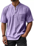 NEWYORKLISTED ATLAS MEN'S COLLECTION: Man wearing a purple short-sleeve shirt with a pocket on a white background