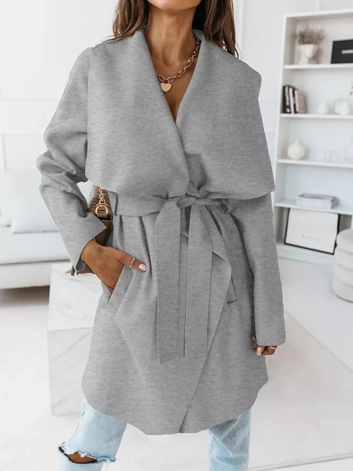 NEWYORKLISTED STYLE COLLECTION: Tie-Waist Long Sleeve Outerwear Coat — Elegant Belted Layering Jacket