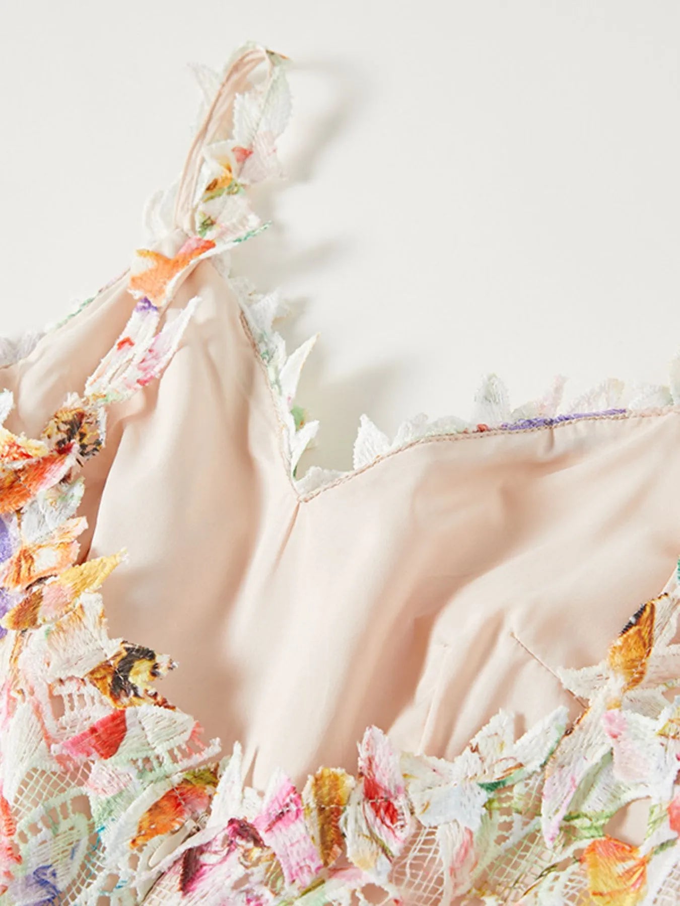 NEWYORKLISTED STYLE COLLECTION: Close-up of a floral dress with colorful embroidery on a light background