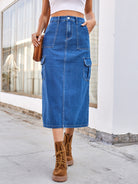 Slit Midi Denim Skirt with Pockets - NEWYORKLISTED