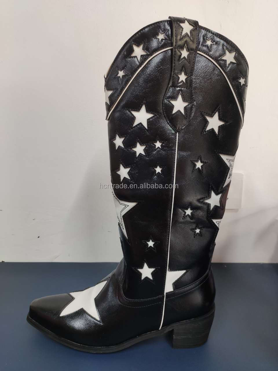 BUSY GIRL XY4068 Womens Western Boots Knee High Classic Star Black Heels Hiking Party Shoes Black Leather Cowboy Boots for Women - NEWYORKLISTED