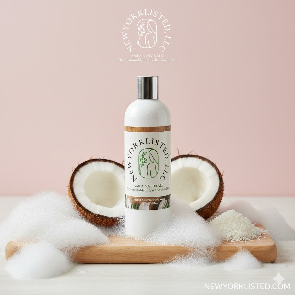 AMLA NATURALS: Organic Body Coconut Body Wash: Bottle of New York Listed LLC product with coconuts and bubbles on a light pink background