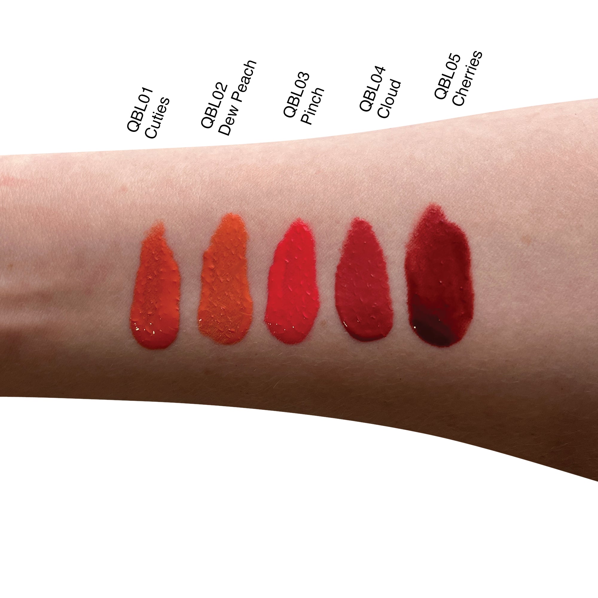 NEWYORKLISTED COSMETIC COLLECTION: Lipstick swatches on a person's arm with color names labeled.