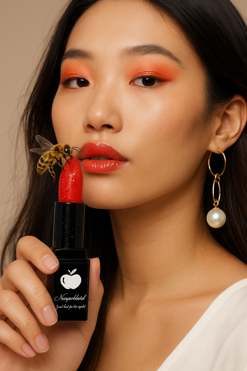 NEWYORKLISTED Cosmetic Collection: Woman holding Bee Sting Kiss Lipstick with a bee and the NEWYORKLISTED apple design logo.