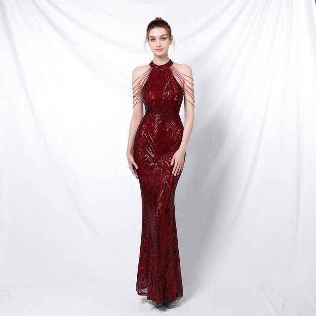 Backless Lace Evening Dress Women Party Long Wear Sequin Fishtail Silk Sexy Dresses Gowns for Women Evening Dresses Elegant - NEWYORKLISTED