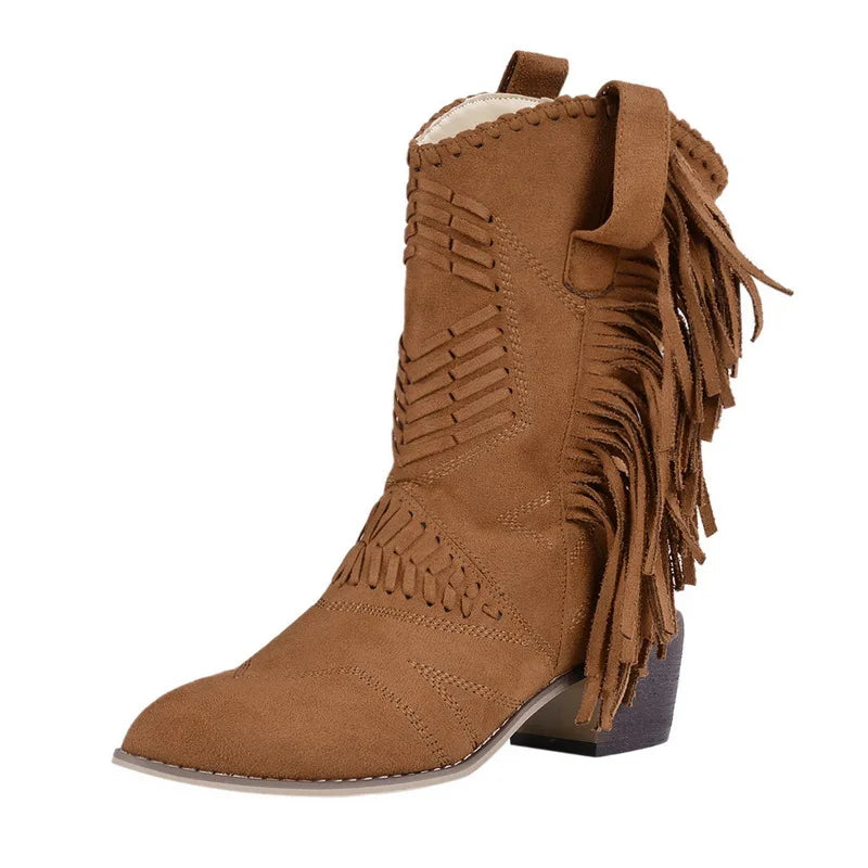 2022 Women Boots Western Cowgirl Fringe Boots Vintage Motorcycle Riding Boots Thick High Heel Leather Plus Size Chaussure Femme - NEWYORKLISTED
