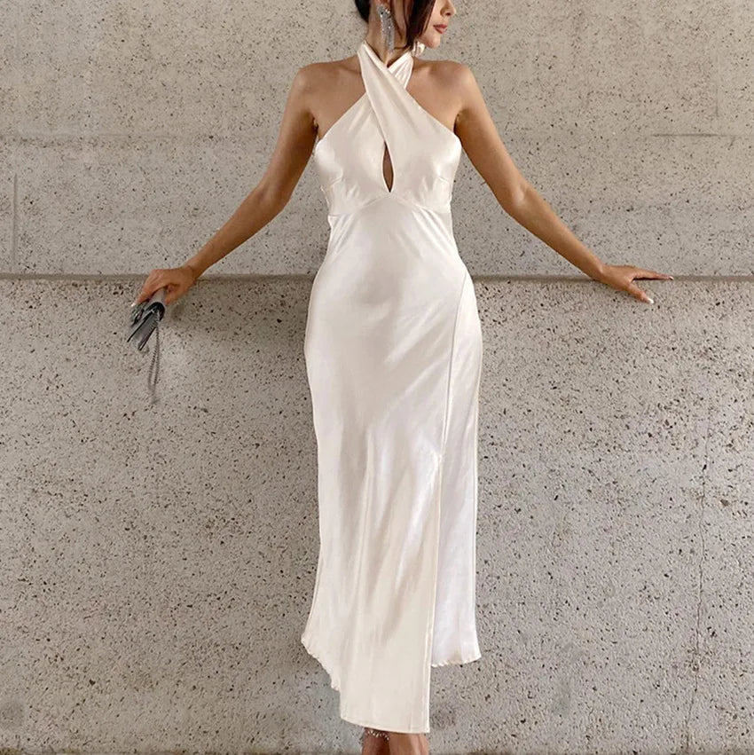 Women's Clothes Ladies Evening Slip Dresses Women New Sexy Night Club Party Cutout Casual Silky Midi a Neck Wrap Dress - NEWYORKLISTED