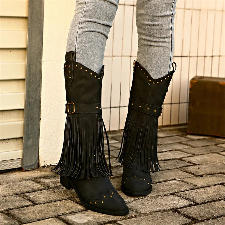 Women's Fashion Western Cowgirl Cowboy Boots Wide Pointed Toe Mid Calf Womens PU Leather Tassel Boots - NEWYORKLISTED