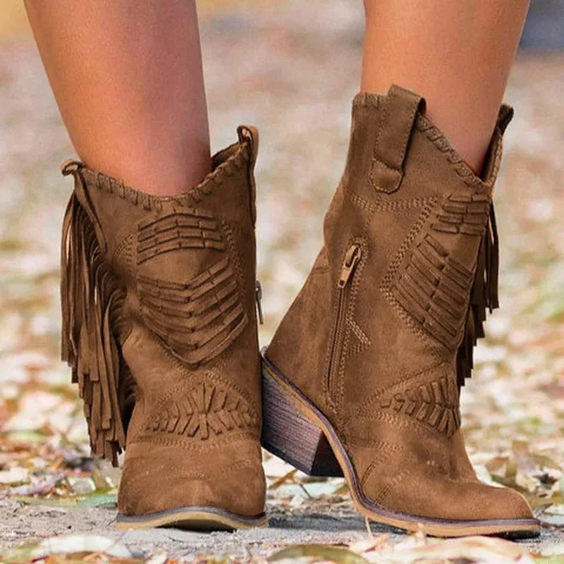 2022 Women Boots Western Cowgirl Fringe Boots Vintage Motorcycle Riding Boots Thick High Heel Leather Plus Size Chaussure Femme - NEWYORKLISTED