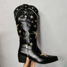 BUSY GIRL XY4068 Womens Western Boots Knee High Classic Star Black Heels Hiking Party Shoes Black Leather Cowboy Boots for Women - NEWYORKLISTED