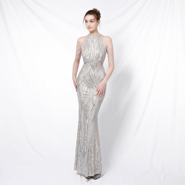 Backless Lace Evening Dress Women Party Long Wear Sequin Fishtail Silk Sexy Dresses Gowns for Women Evening Dresses Elegant - NEWYORKLISTED