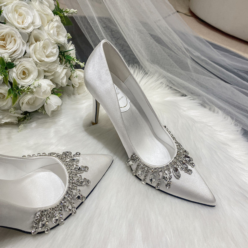 Women Bridal Shoes Silk Satin Wedding Dress Shoes Bridesmaid High Heels Fringe Pearls Bridals Shoes - NEWYORKLISTED