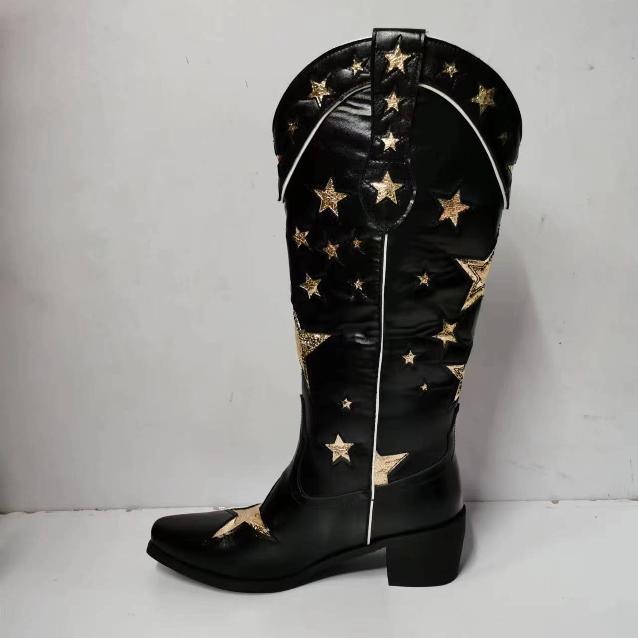BUSY GIRL XY4068 Womens Western Boots Knee High Classic Star Black Heels Hiking Party Shoes Black Leather Cowboy Boots for Women - NEWYORKLISTED