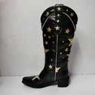 BUSY GIRL XY4068 Womens Western Boots Knee High Classic Star Black Heels Hiking Party Shoes Black Leather Cowboy Boots for Women - NEWYORKLISTED
