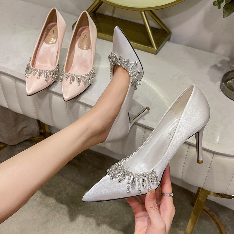 Women Bridal Shoes Silk Satin Wedding Dress Shoes Bridesmaid High Heels Fringe Pearls Bridals Shoes - NEWYORKLISTED
