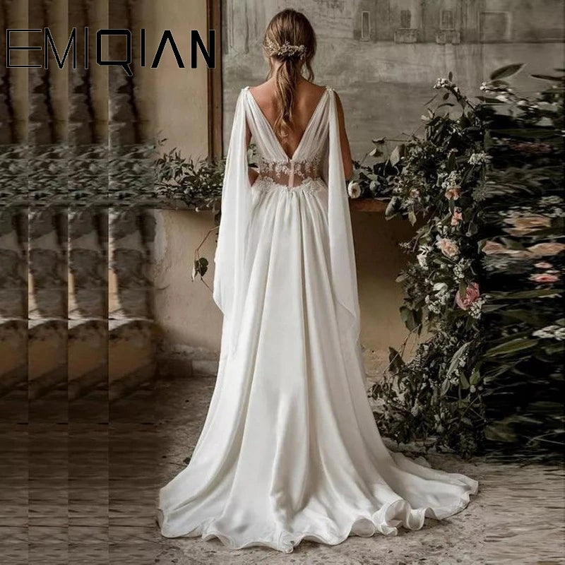 NEWYORKLISTED ELEGANT BRIDE COLLECTION: Boho A-Line Chiffon & Satin Wedding Dress – Ancient Greek-Inspired Backless Bridal Gown - NEWYORKLISTED