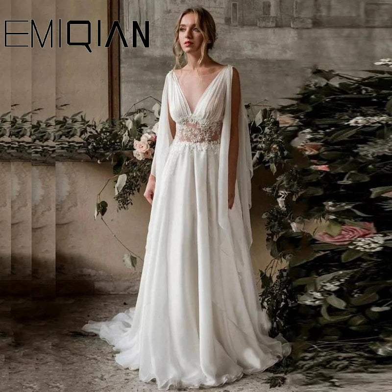 NEWYORKLISTED ELEGANT BRIDE COLLECTION: Boho A-Line Chiffon & Satin Wedding Dress – Ancient Greek-Inspired Backless Bridal Gown