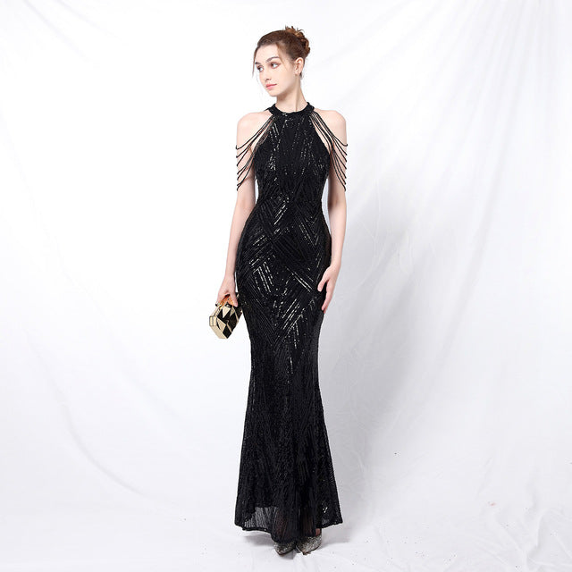 Backless Lace Evening Dress Women Party Long Wear Sequin Fishtail Silk Sexy Dresses Gowns for Women Evening Dresses Elegant - NEWYORKLISTED