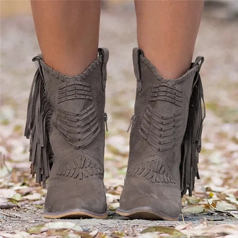 2022 Women Boots Western Cowgirl Fringe Boots Vintage Motorcycle Riding Boots Thick High Heel Leather Plus Size Chaussure Femme - NEWYORKLISTED