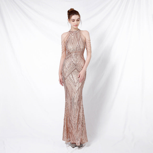 Backless Lace Evening Dress Women Party Long Wear Sequin Fishtail Silk Sexy Dresses Gowns for Women Evening Dresses Elegant - NEWYORKLISTED