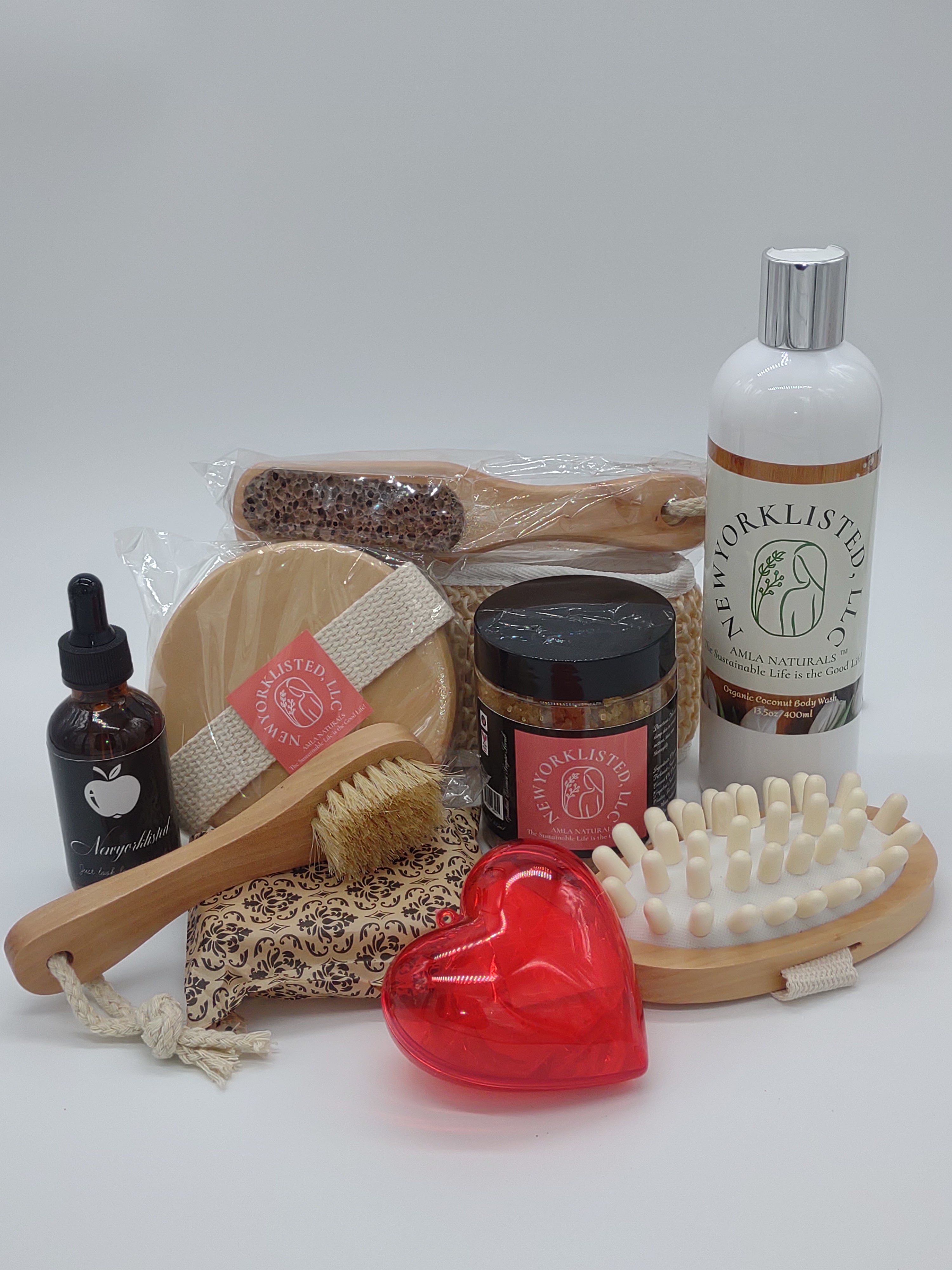 NEWYORKLISTED Valentine’s Day Luxury Spa Gift Basket, Collection of beauty and self-care products on a white background