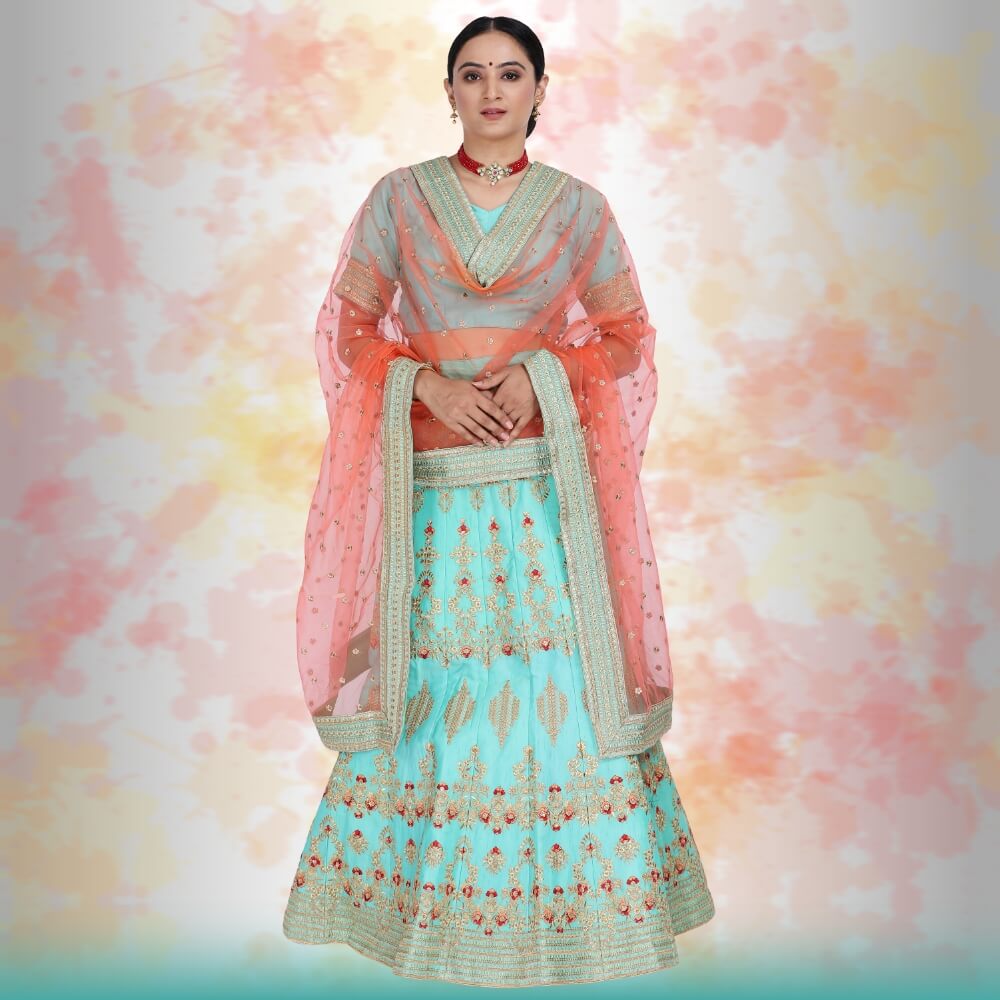 Raw Silk Lehenga Choli - Blue - NEWYORKLISTED